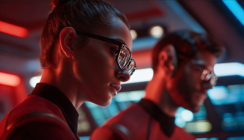 Junge Frau mit Brille und Kollege arbeiten konzentriert an digitalen Bildschirmen in einem modern beleuchteten Arbeitsraum mit rot-blauer Atmosphäre.